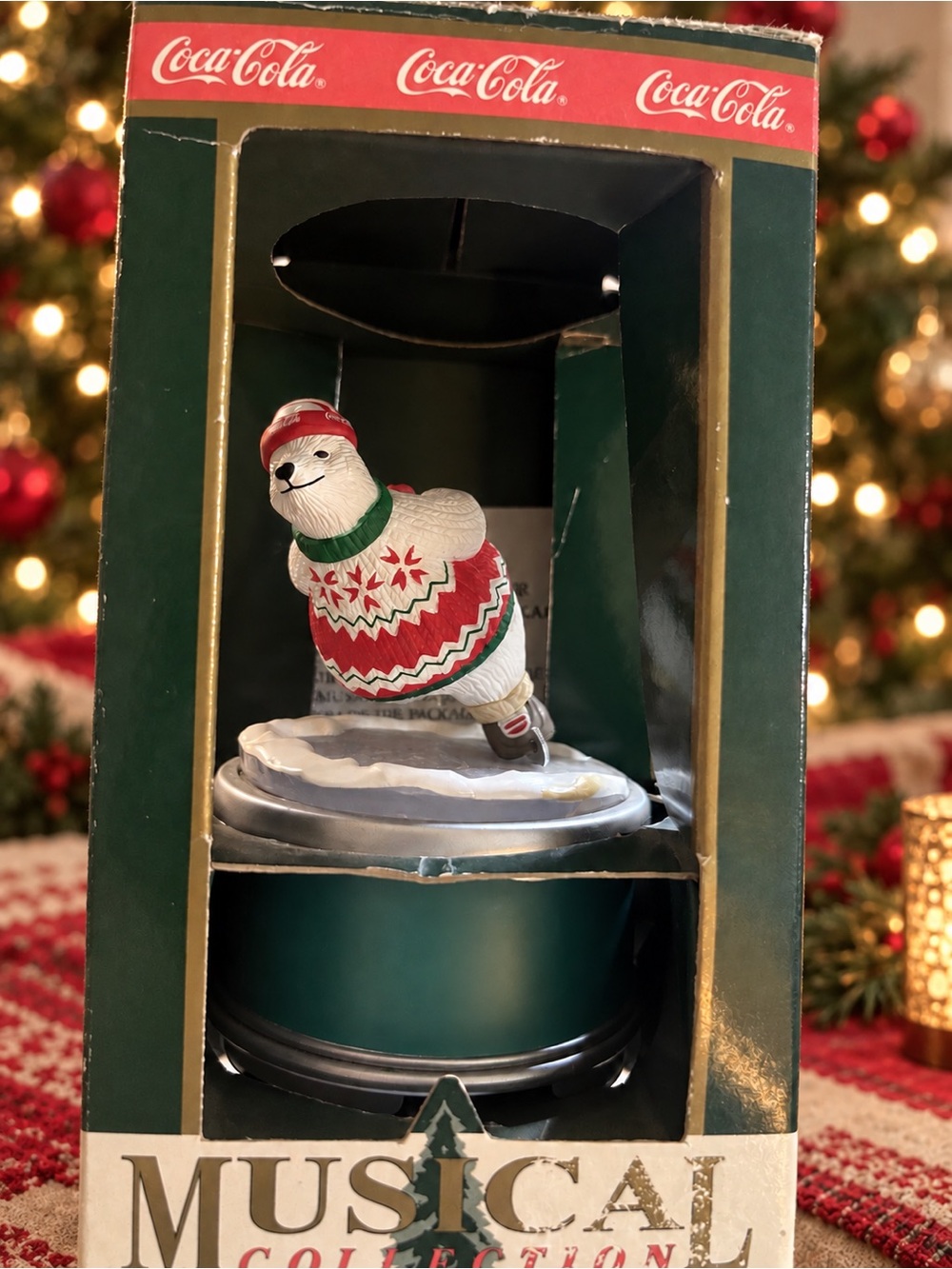 Coca Cola Red & White Holiday Polar Bear Ice Skating Musical Collectible